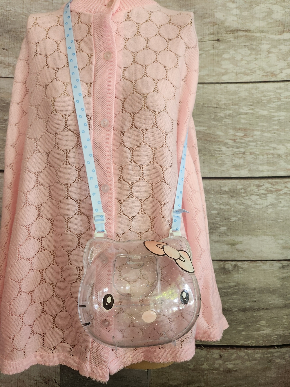 Hello Kitty Clear Crossbody Bag with Pink Bow and Light Blue Strap
